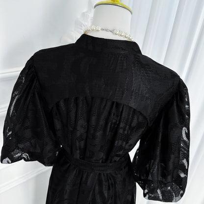 Black Lace Button Front Midi Dress | Elegant Evening Dress