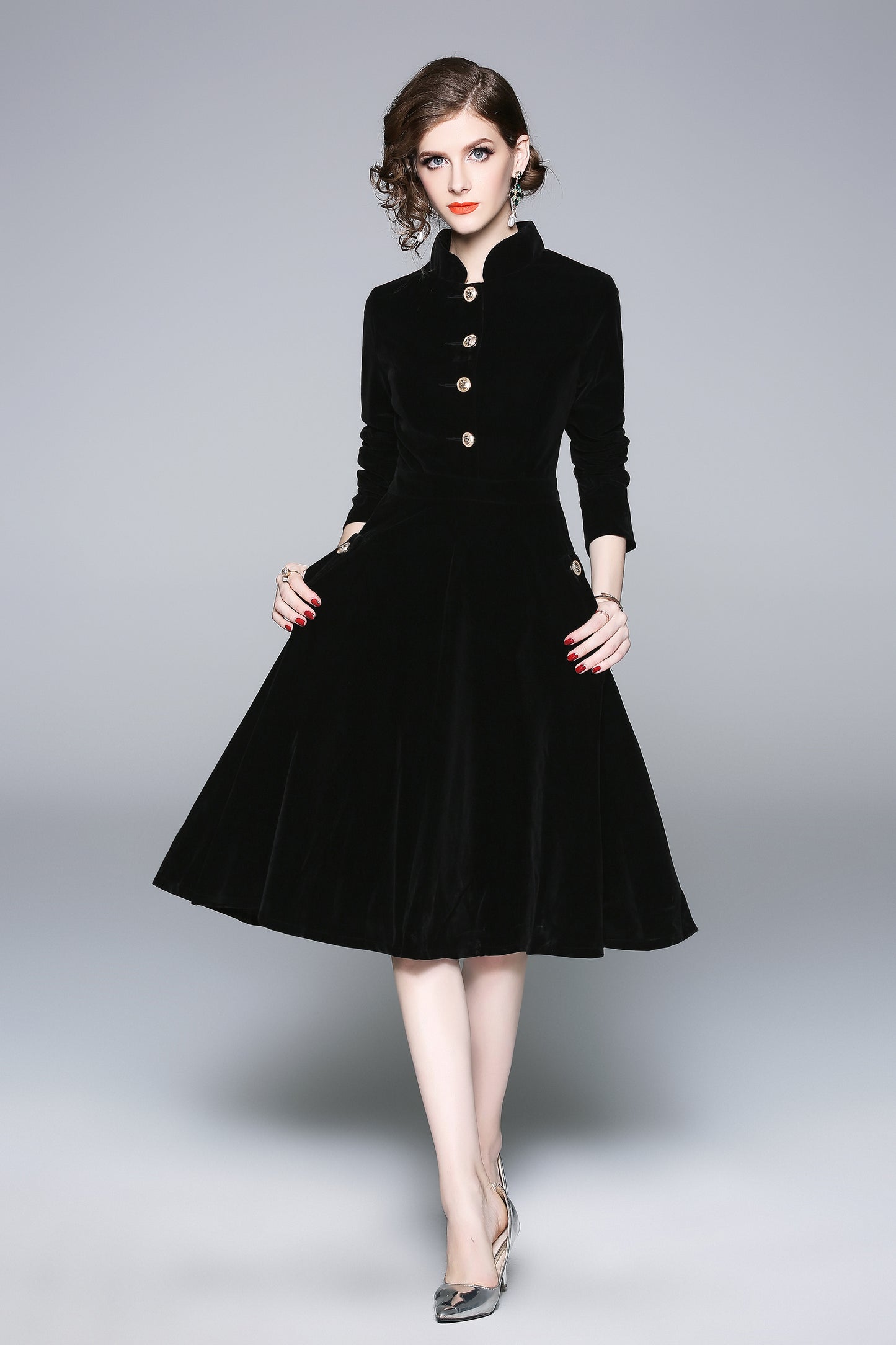 Black Velvet Stand-Collar Midi Dress with Gold Buttons & Pockets