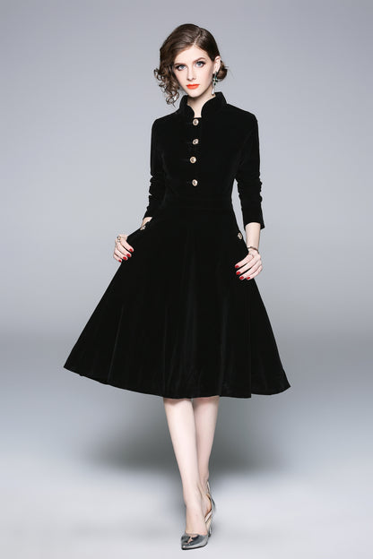 Black Velvet Stand-Collar Midi Dress with Gold Buttons & Pockets