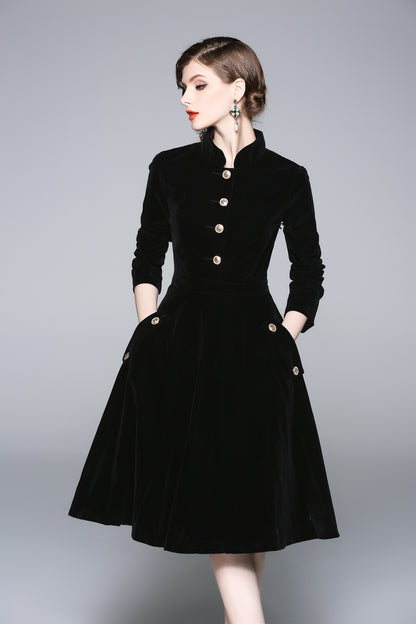 Black Velvet Stand-Collar Midi Dress with Gold Buttons & Pockets