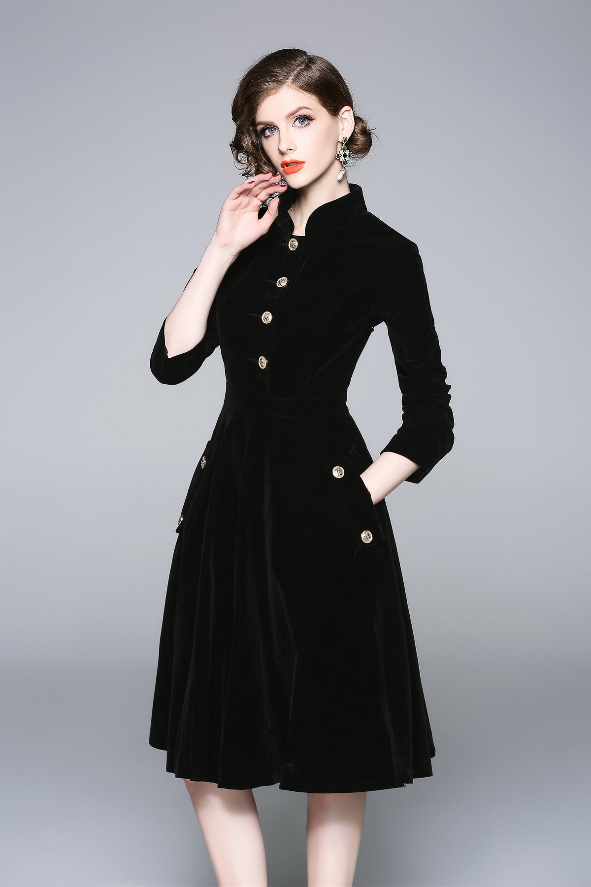 Black Velvet Stand-Collar Midi Dress with Gold Buttons & Pockets