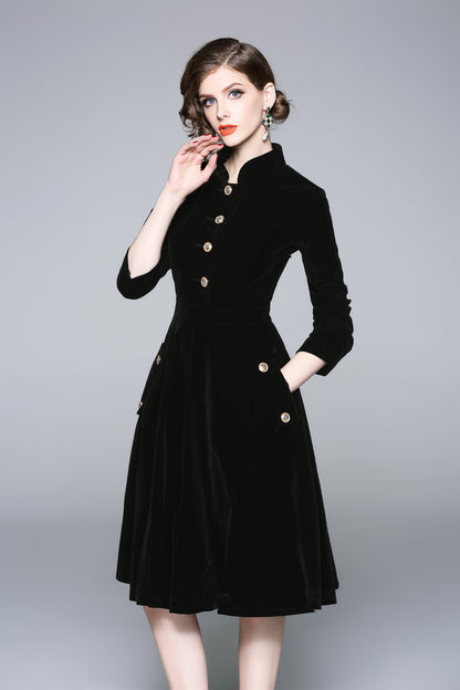Black Velvet Stand-Collar Midi Dress with Gold Buttons & Pockets