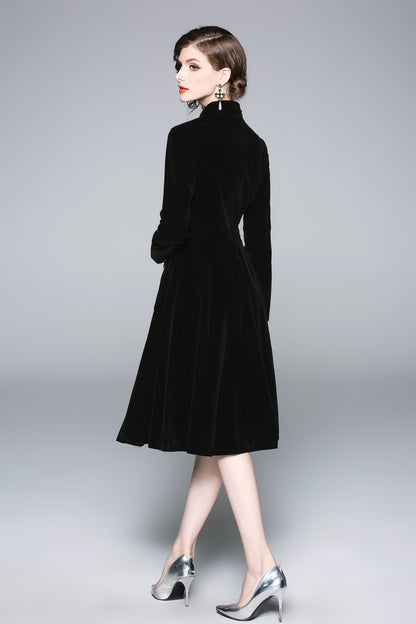 Black Velvet Stand-Collar Midi Dress with Gold Buttons & Pockets