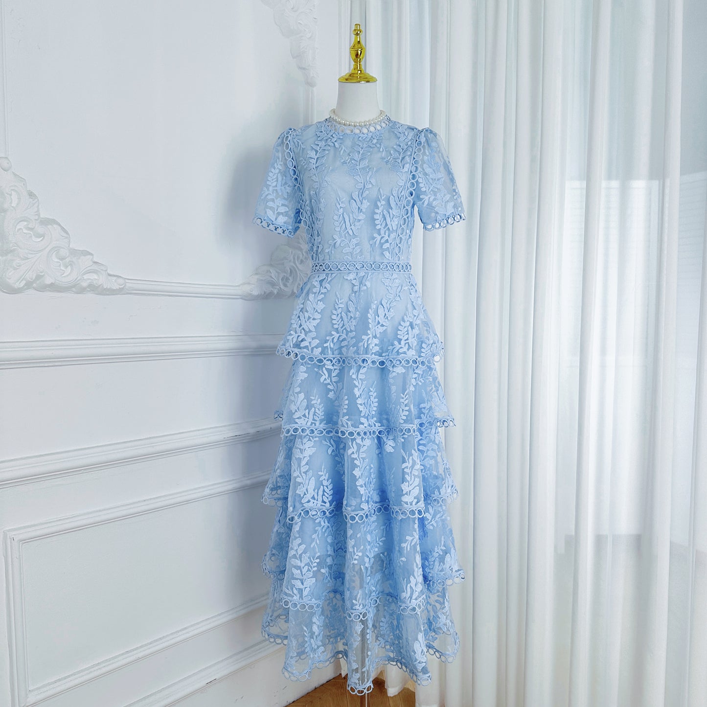 Embroidered Mesh Short Sleeve Tiered Layed Maxi Dress