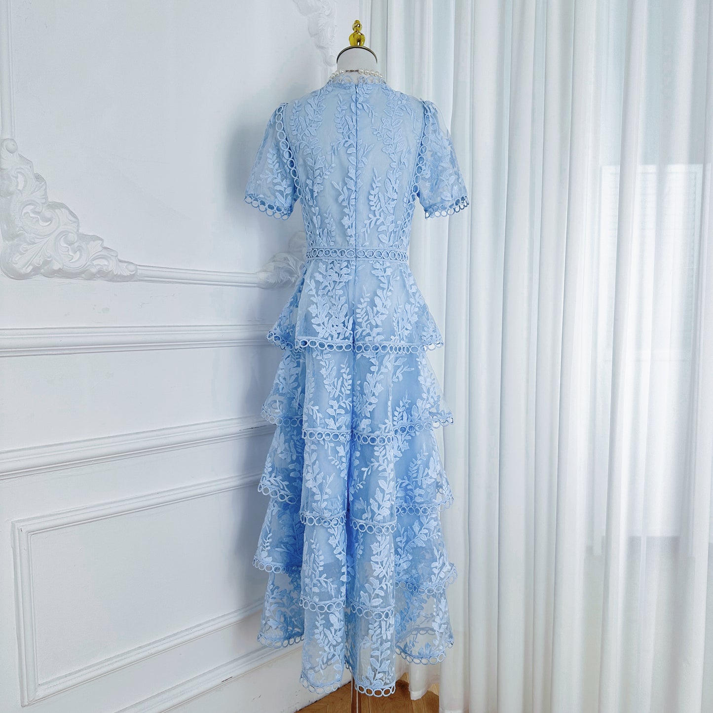 Embroidered Mesh Short Sleeve Tiered Layed Maxi Dress