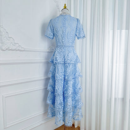 Embroidered Mesh Short Sleeve Tiered Layed Maxi Dress