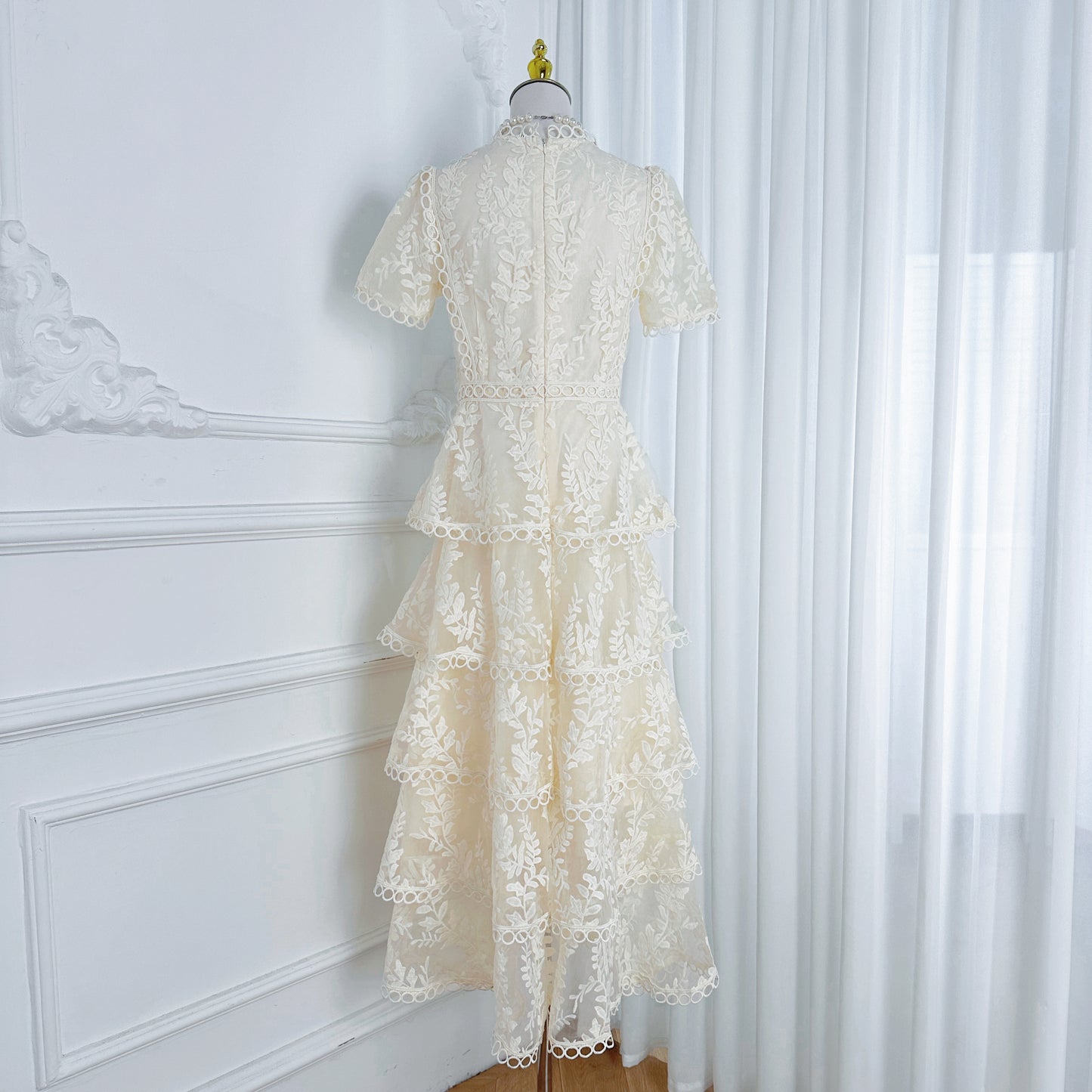 Embroidered Mesh Short Sleeve Tiered Layed Maxi Dress