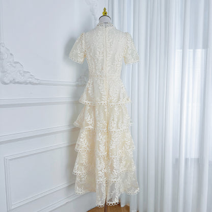 Embroidered Mesh Short Sleeve Tiered Layed Maxi Dress