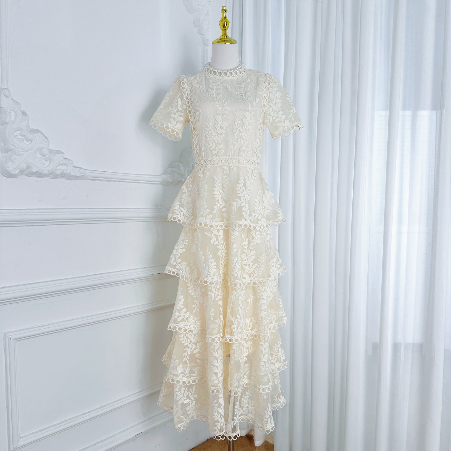 Embroidered Mesh Short Sleeve Tiered Layed Maxi Dress