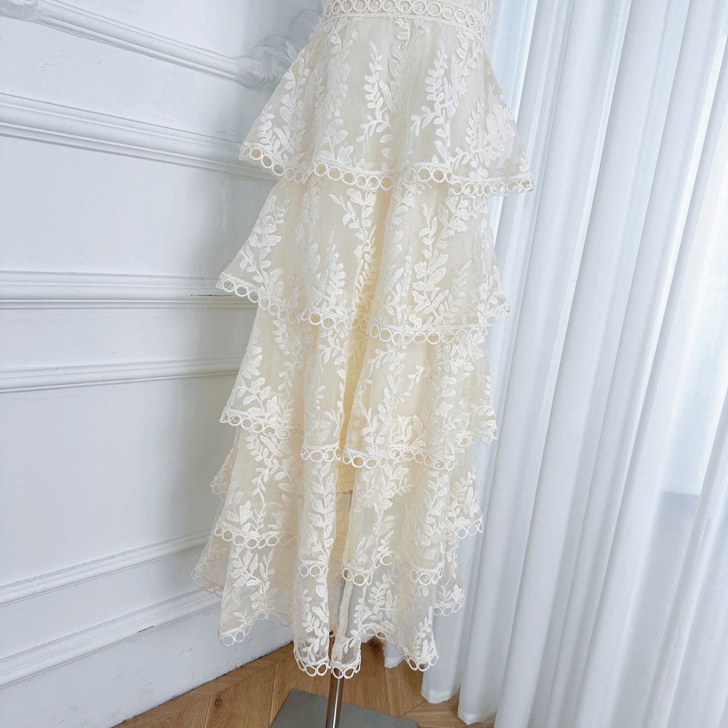 Embroidered Mesh Short Sleeve Tiered Layed Maxi Dress