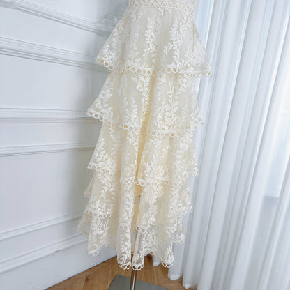 Embroidered Mesh Short Sleeve Tiered Layed Maxi Dress