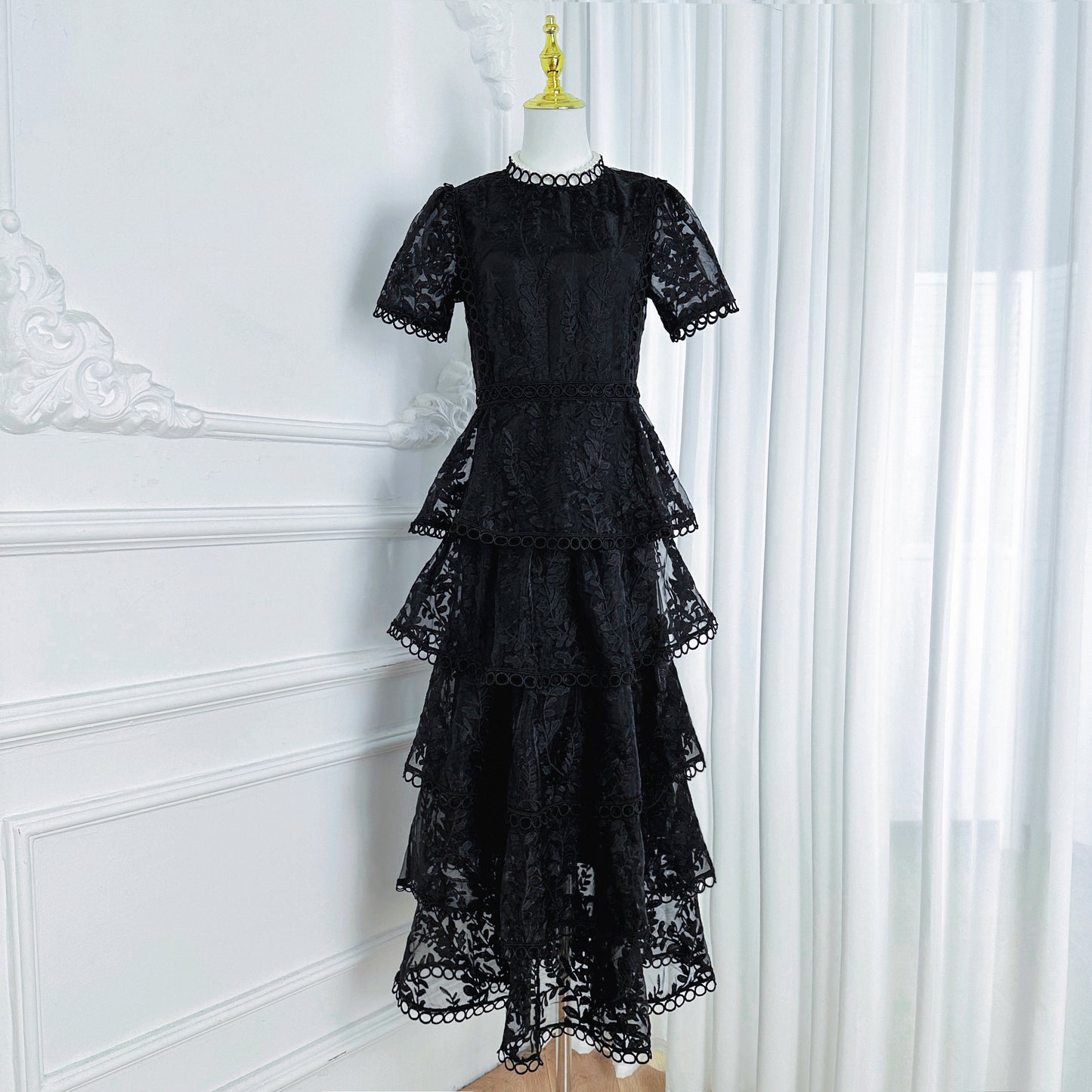 Embroidered Mesh Short Sleeve Tiered Layed Maxi Dress