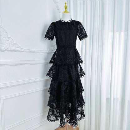 Embroidered Mesh Short Sleeve Tiered Layed Maxi Dress
