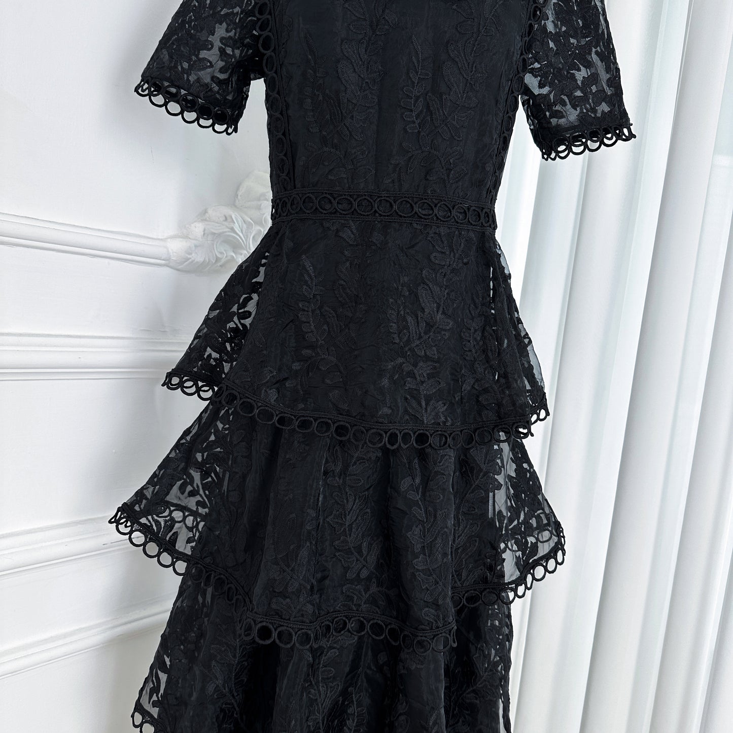 Embroidered Mesh Short Sleeve Tiered Layed Maxi Dress