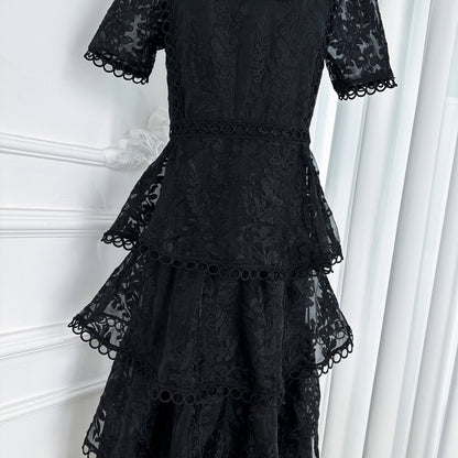 Embroidered Mesh Short Sleeve Tiered Layed Maxi Dress