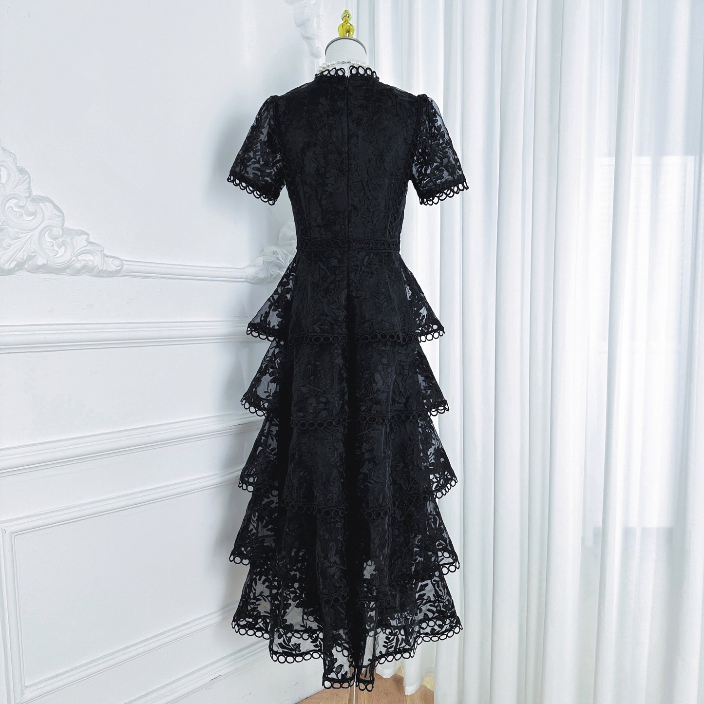 Embroidered Mesh Short Sleeve Tiered Layed Maxi Dress