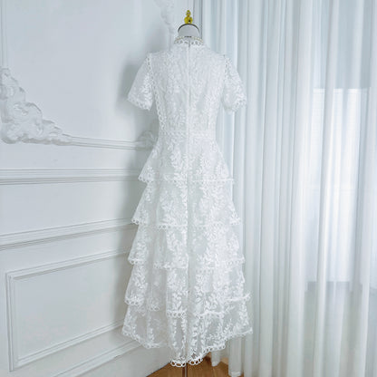 Embroidered Mesh Short Sleeve Tiered Layed Maxi Dress