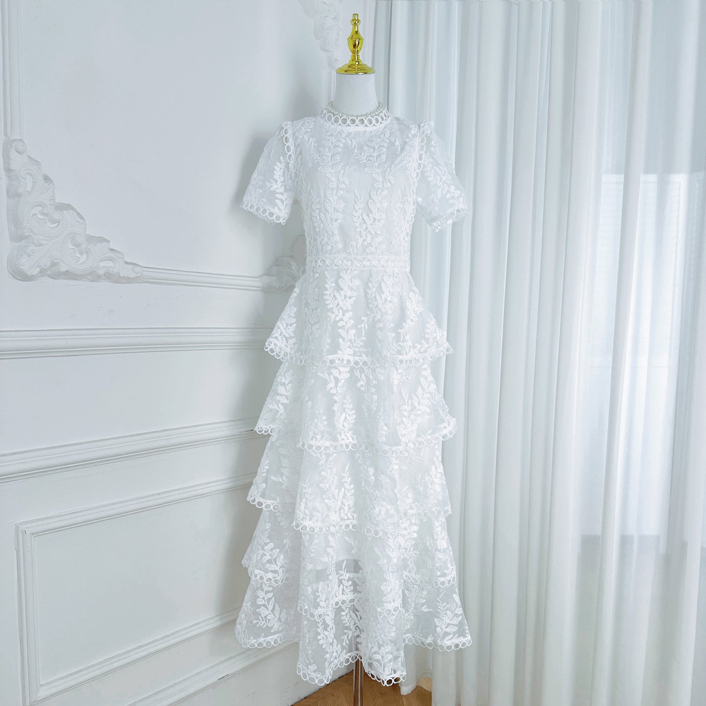 Embroidered Mesh Short Sleeve Tiered Layed Maxi Dress