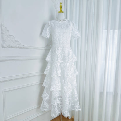 Embroidered Mesh Short Sleeve Tiered Layed Maxi Dress