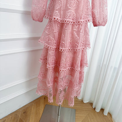 Women's Mesh Embroidery Ruffle Tiered Layered Maxi Dress