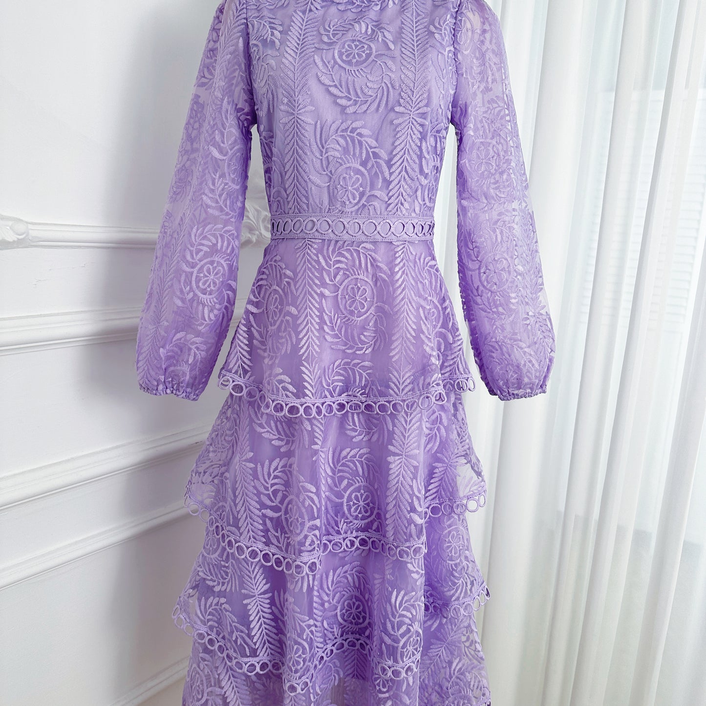 Women's Mesh Embroidery Ruffle Tiered Layered Maxi Dress