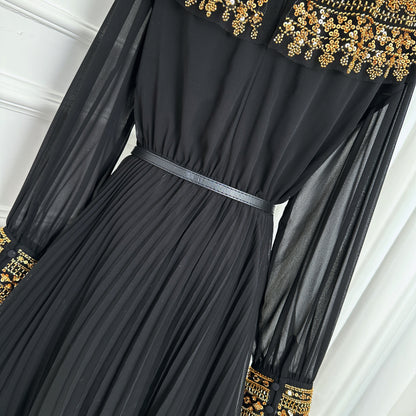 Women's Chiffon Gold Beaded Sequin Sparkly Pleated Maxi Dress