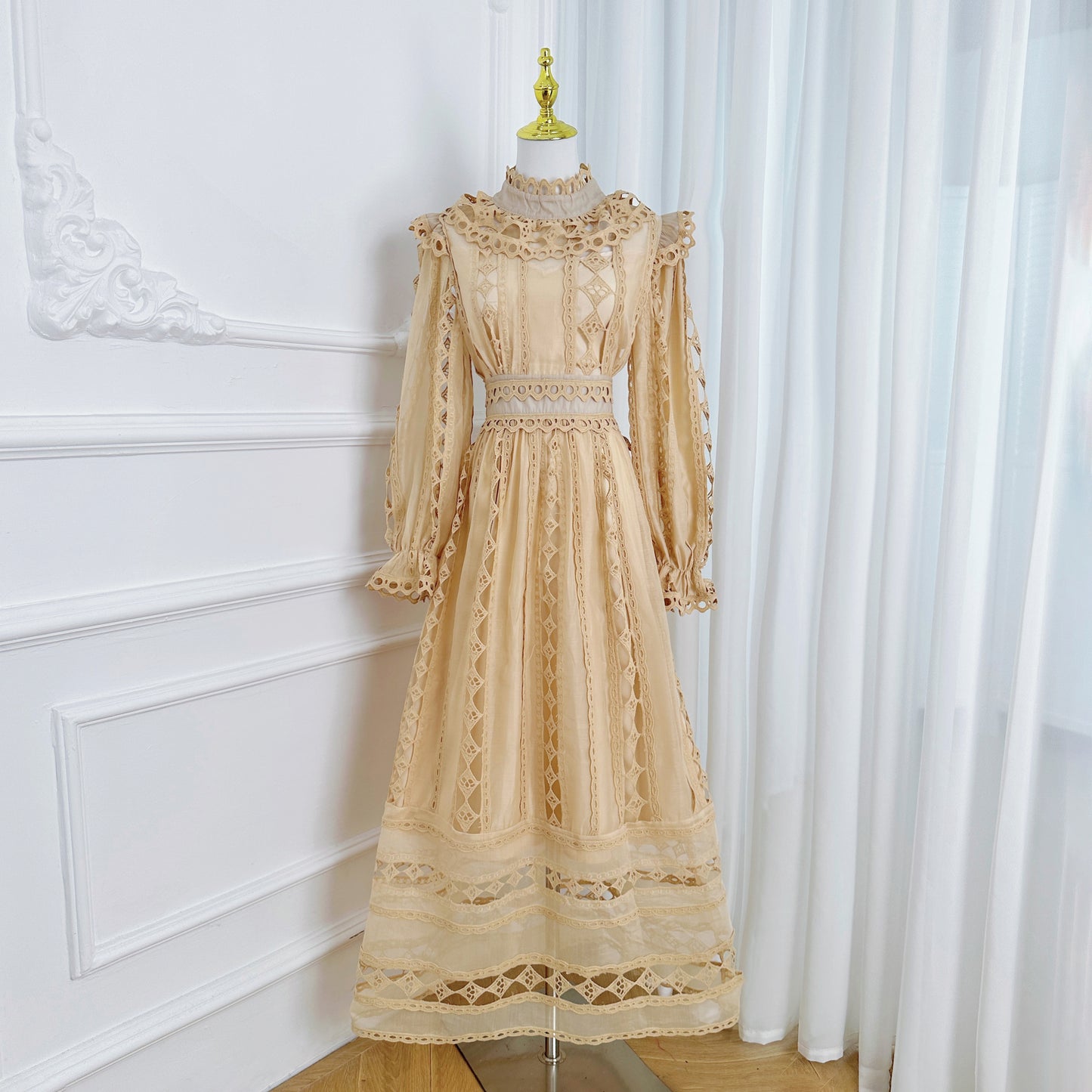 Elegant French-Inspired Lace Hollowed-out Maxi Dress