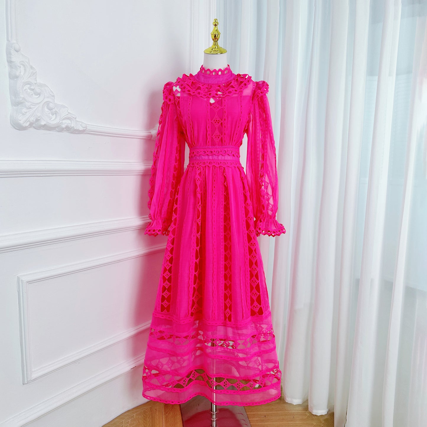 Elegant French-Inspired Lace Hollowed-out Maxi Dress