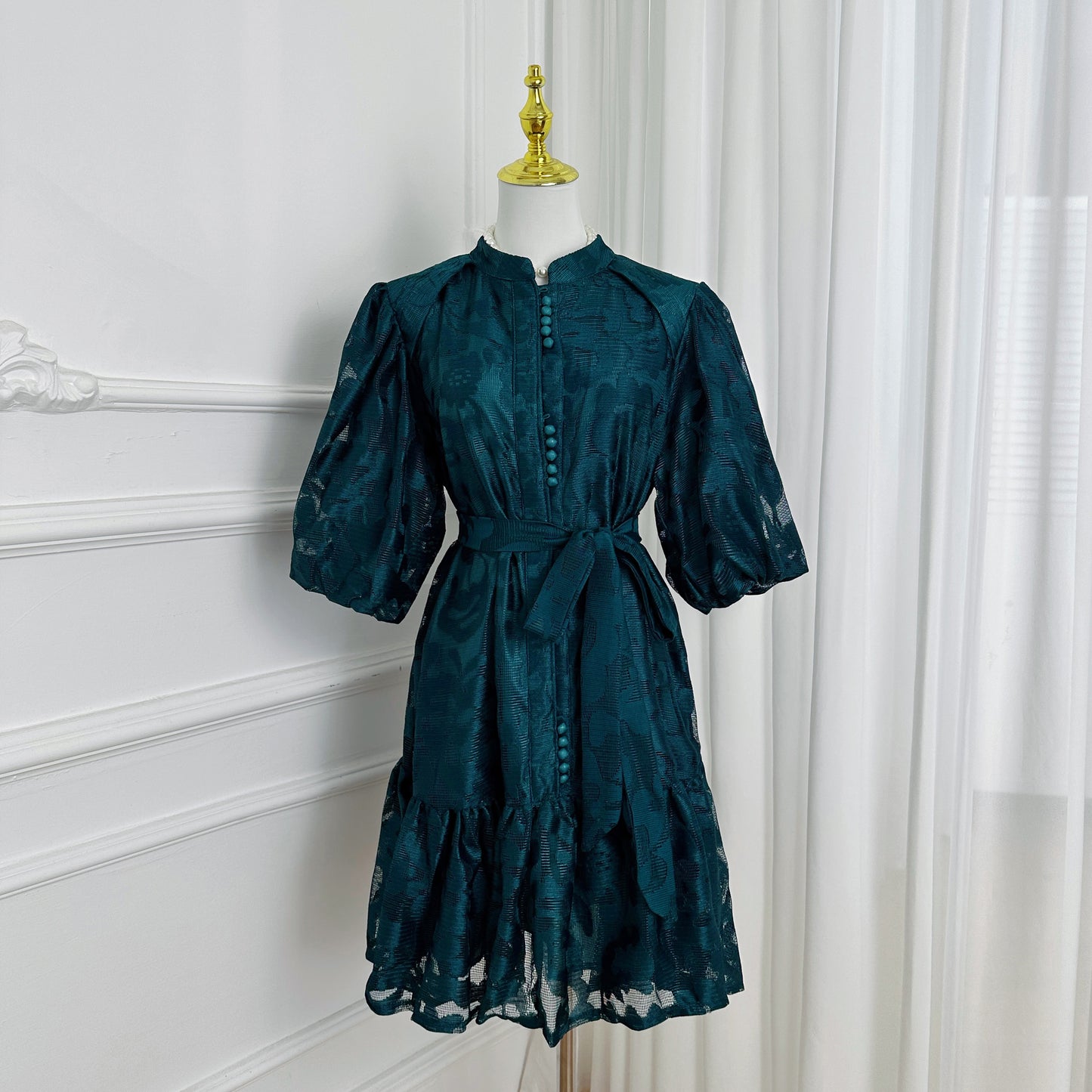 Emerald Jacquard Puff Sleeve Mini Dress