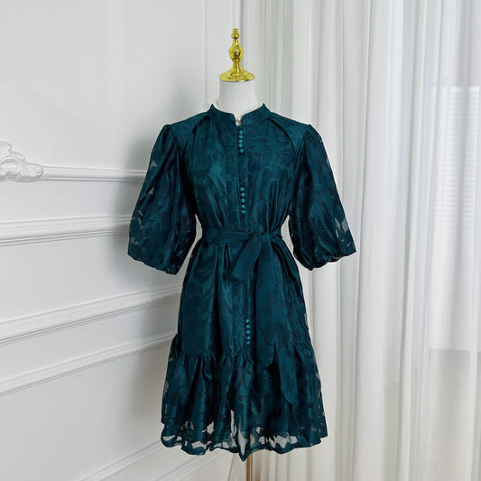 Emerald Jacquard Puff Sleeve Mini Dress - LAI MENG FIVE CATS