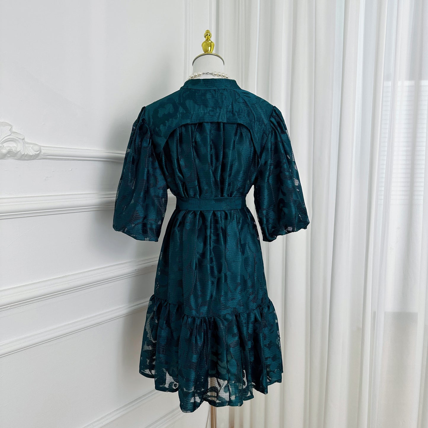Emerald Jacquard Puff Sleeve Mini Dress