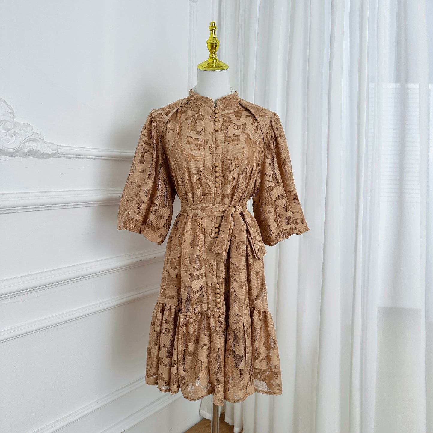 Khaki Coastal Romantic Mini Dress Loose Fit