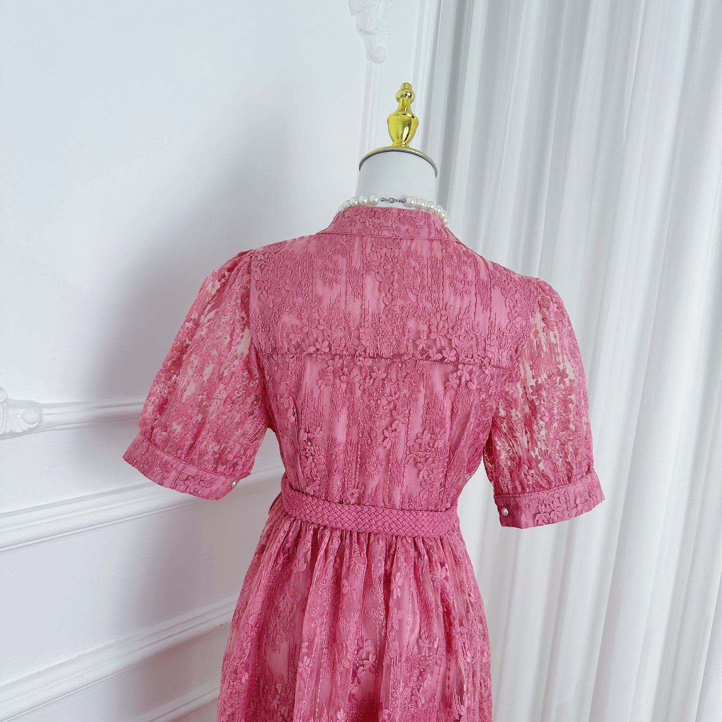 Hot Pink Embroidered Mesh Puff Sleeve Midi Dress - LAI MENG FIVE CATS
