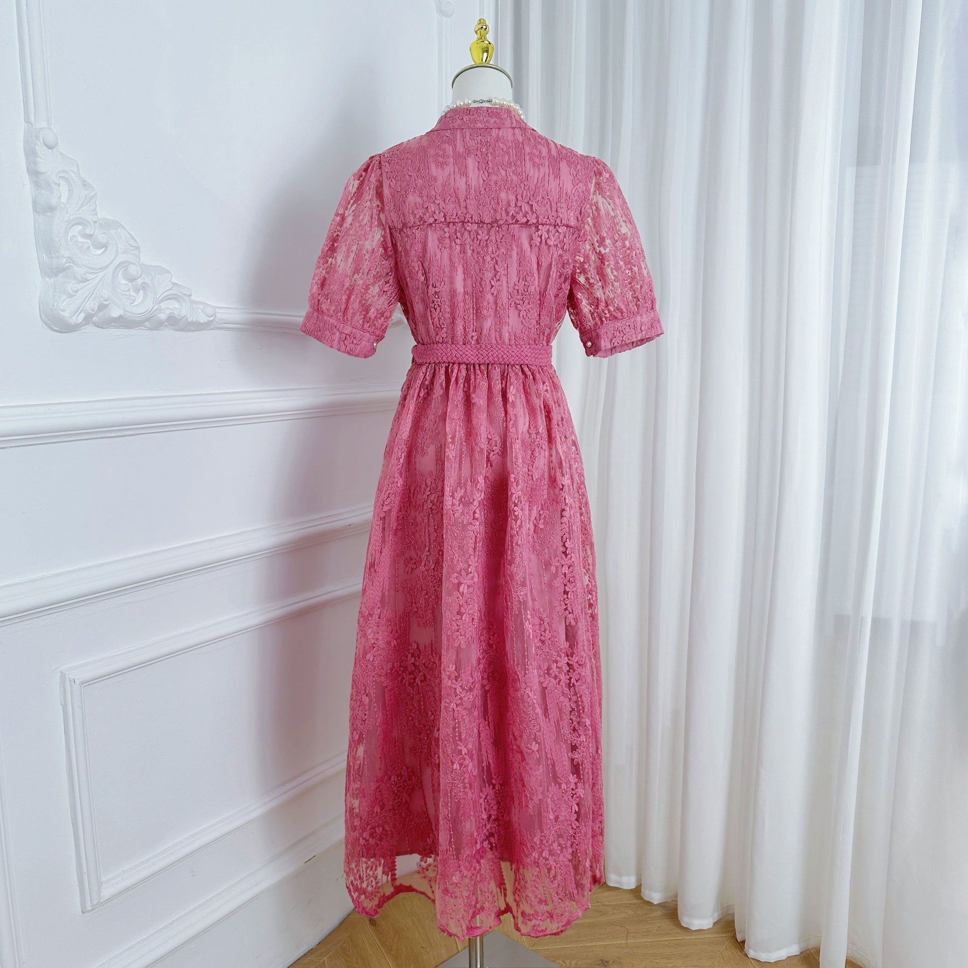 Hot Pink Embroidered Mesh Puff Sleeve Midi Dress - LAI MENG FIVE CATS