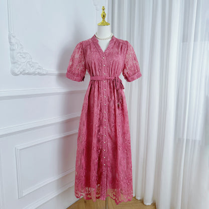 Hot Pink Embroidered Mesh Puff Sleeve Midi Dress - LAI MENG FIVE CATS