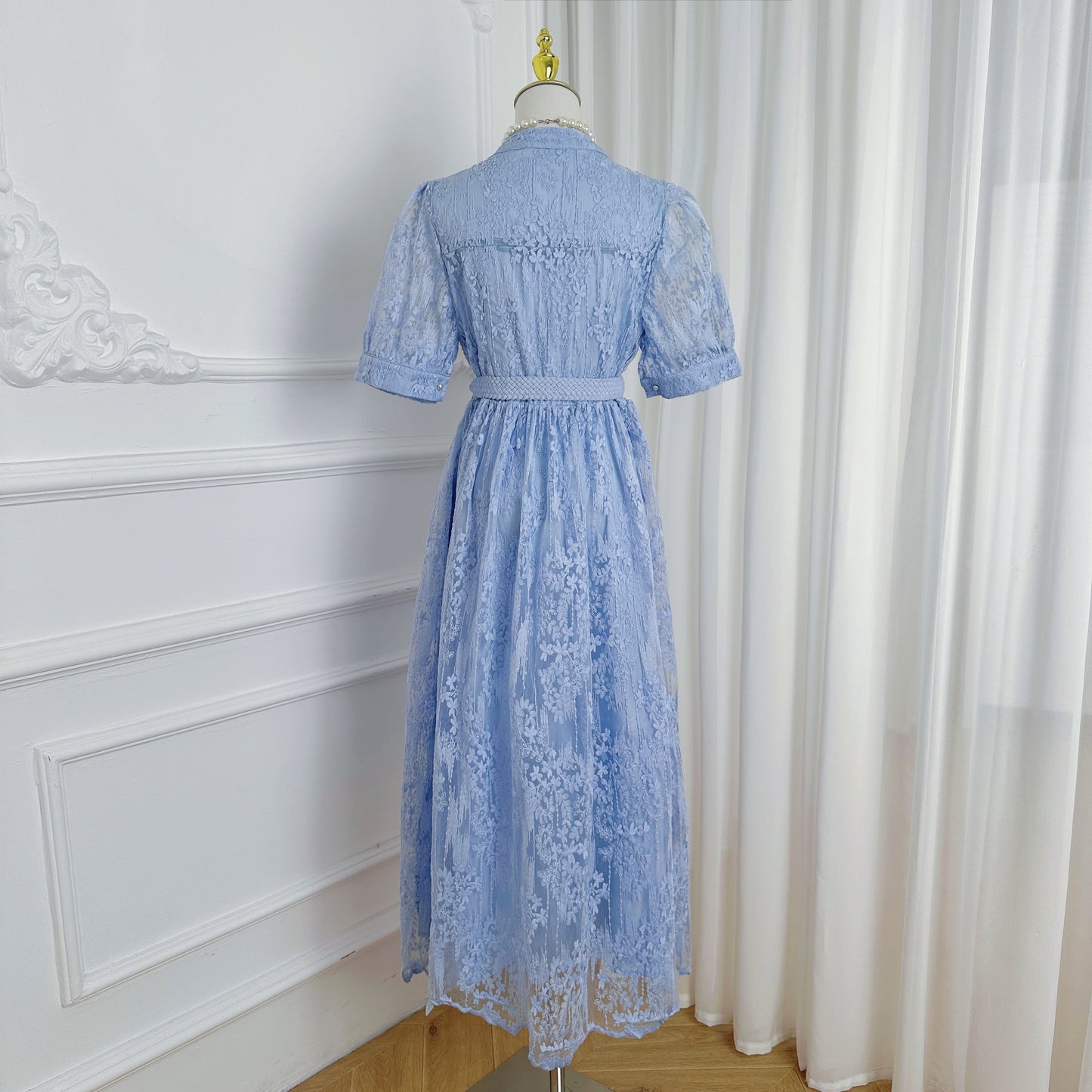 Blue Embroidered Mesh Puff Sleeve Summer Midi Dress - LAI MENG FIVE CATS