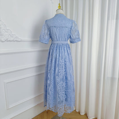 Blue Embroidered Mesh Puff Sleeve Summer Midi Dress - LAI MENG FIVE CATS