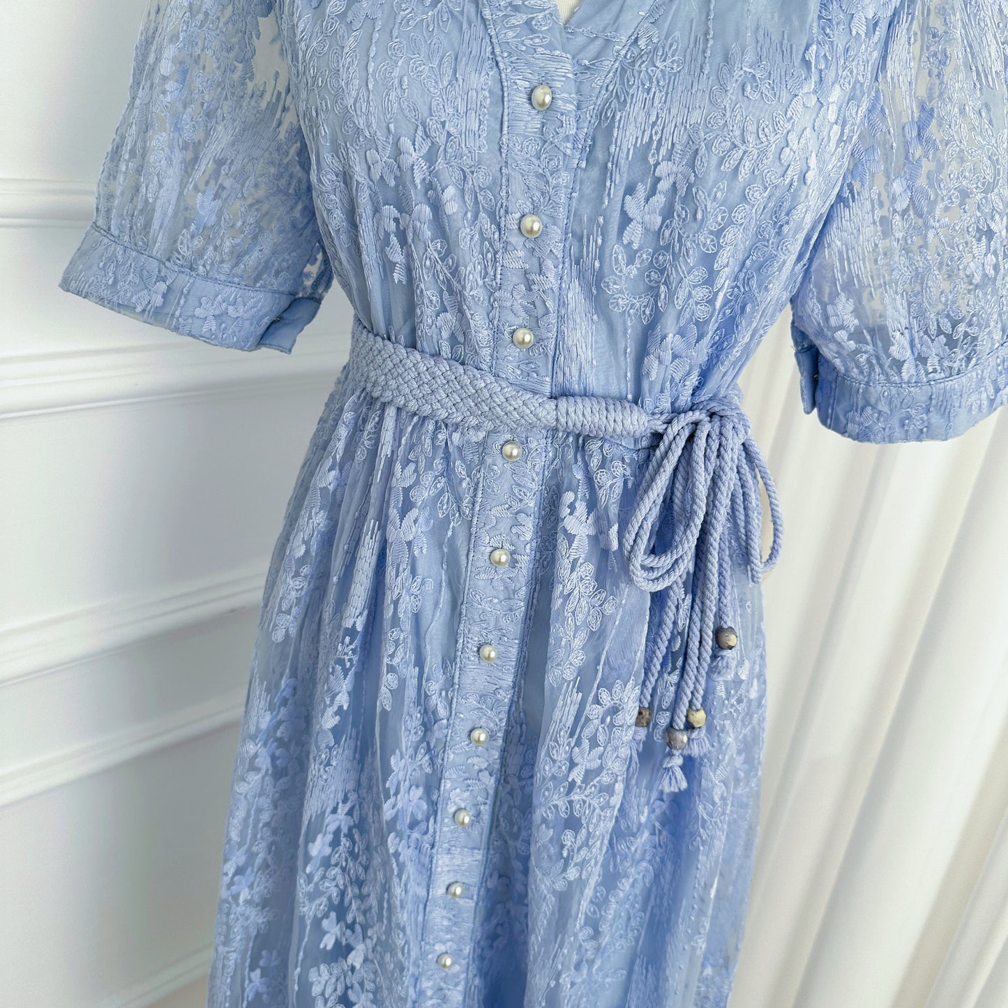 Blue Embroidered Mesh Puff Sleeve Summer Midi Dress - LAI MENG FIVE CATS