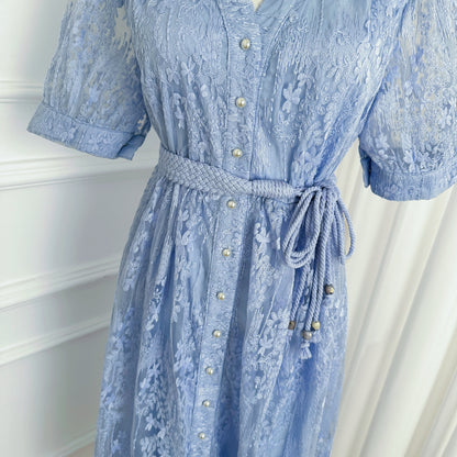 Blue Embroidered Mesh Puff Sleeve Summer Midi Dress - LAI MENG FIVE CATS