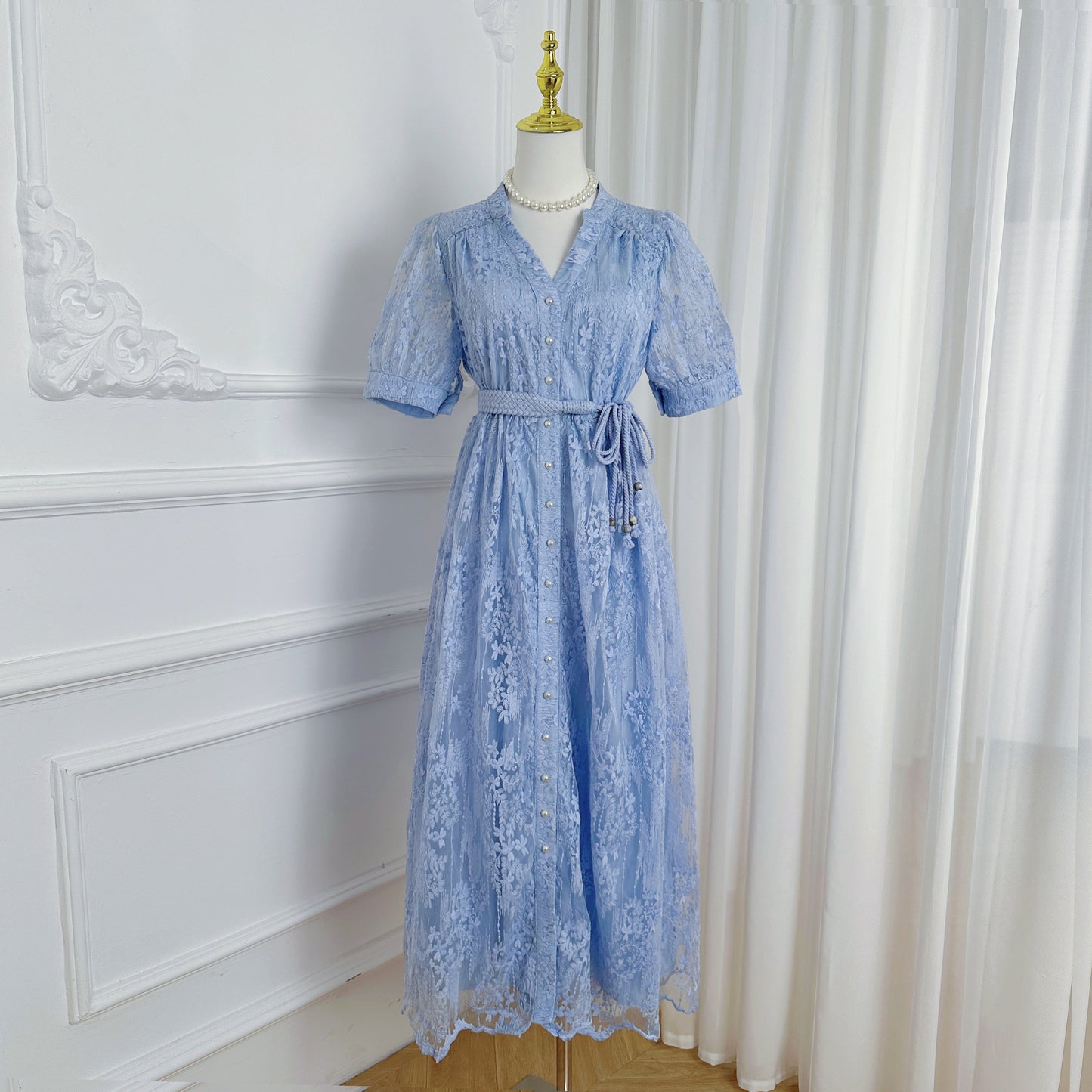 Blue Embroidered Mesh Puff Sleeve Summer Midi Dress - LAI MENG FIVE CATS