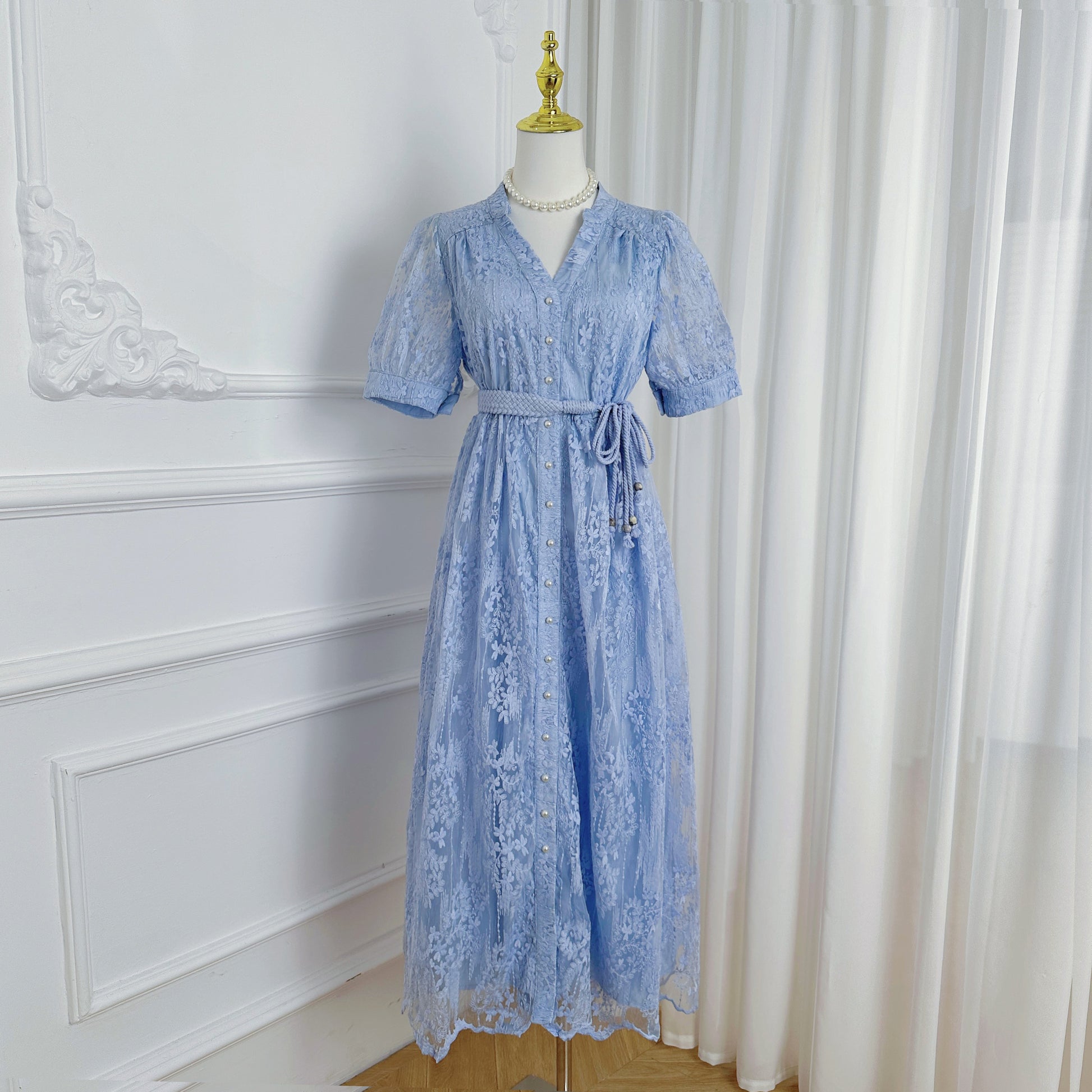 Blue Embroidered Mesh Puff Sleeve Summer Midi Dress - LAI MENG FIVE CATS