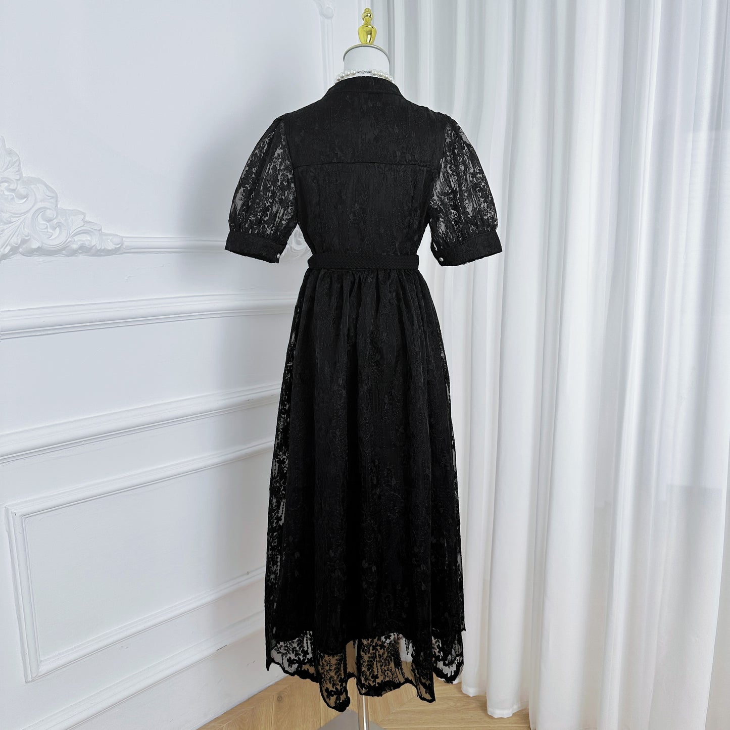 Black Embroidered Mesh Button Front Midi Dress - LAI MENG FIVE CATS