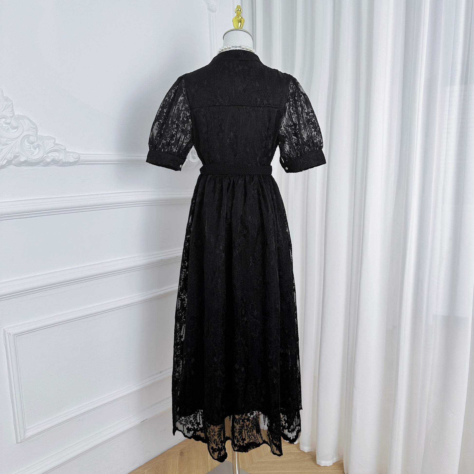 Black Embroidered Mesh Button Front Midi Dress - LAI MENG FIVE CATS