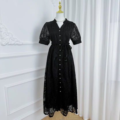 Black Embroidered Mesh Button Front Midi Dress - LAI MENG FIVE CATS