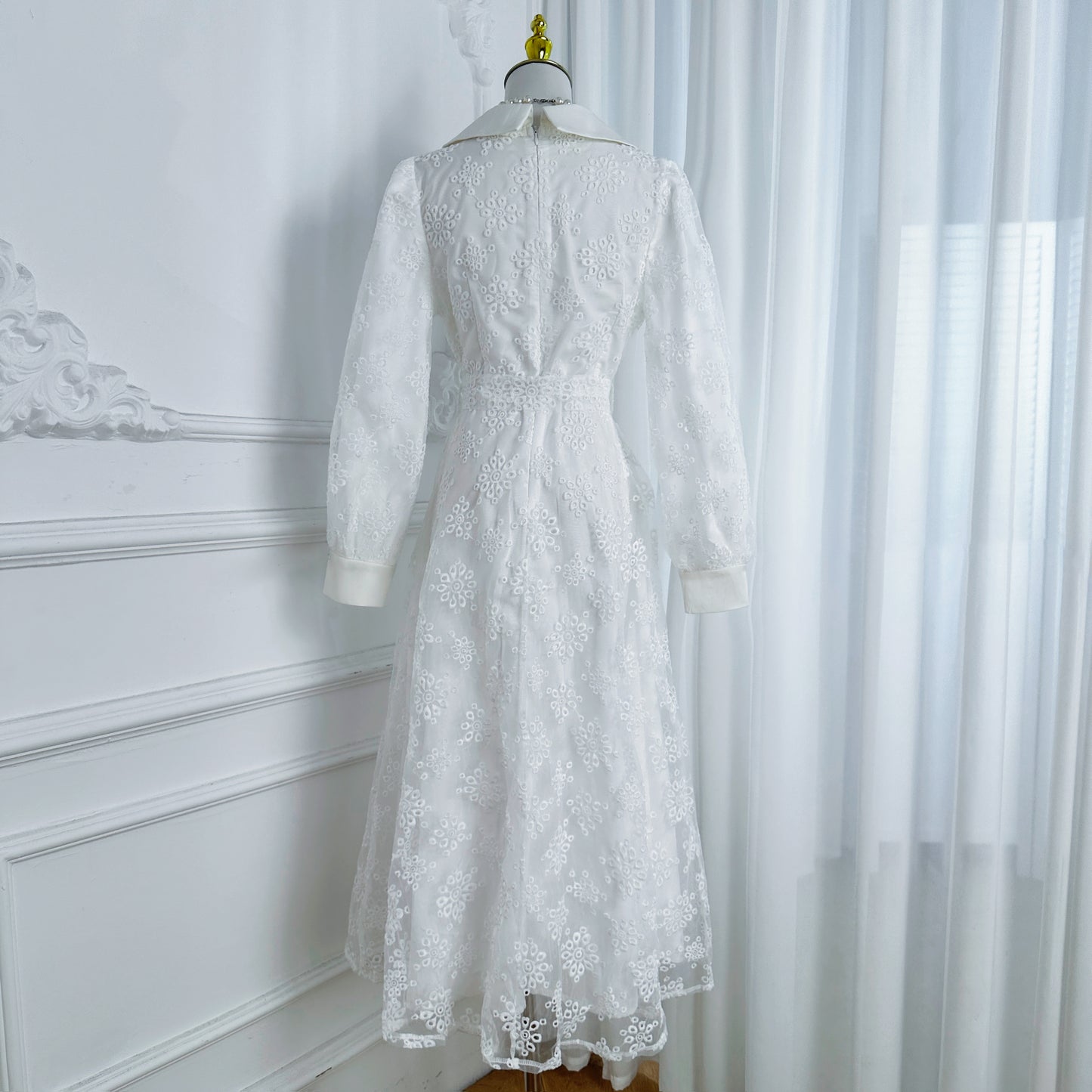 Elegant Embroidered Mesh Double Button Midi Dress