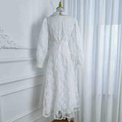 Elegant Embroidered Mesh Double Button Midi Dress