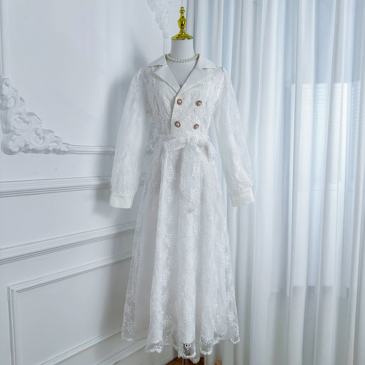 Elegant Embroidered Mesh Double Button Midi Dress