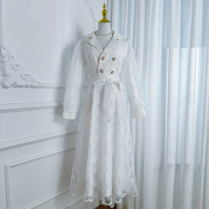 Elegant Embroidered Mesh Double Button Midi Dress