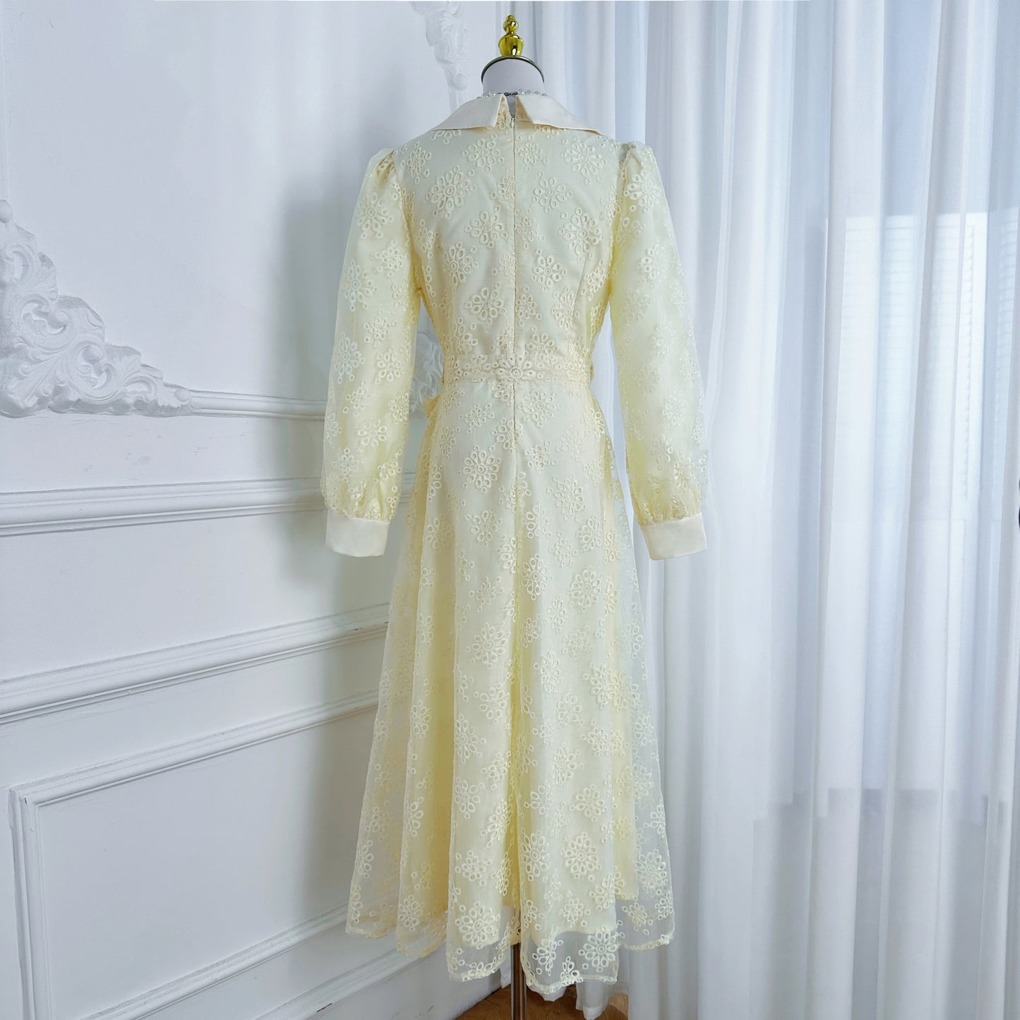Elegant Embroidered Mesh Double Button Midi Dress