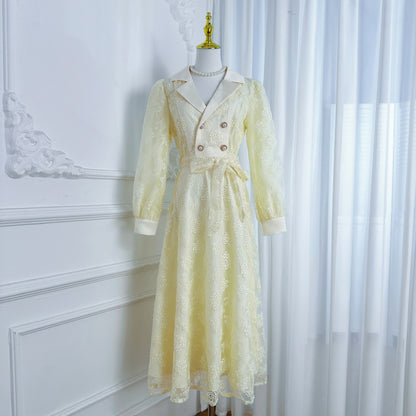 Elegant Embroidered Mesh Double Button Midi Dress